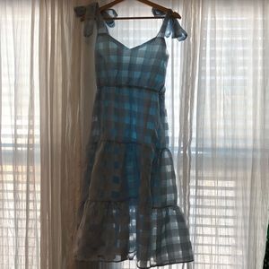 Light blue tiered gingham midi dress